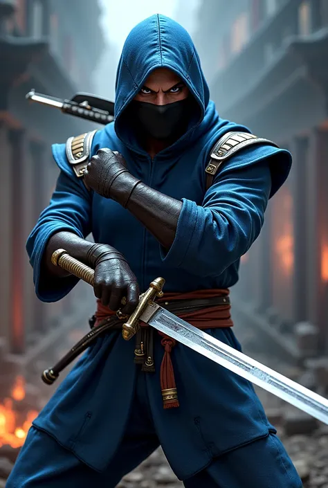 Ninja gaiden ryu hayabusa with his traditional blue clothes unleashes the dragon sword