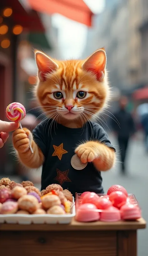 On a bustling street filled with the sounds of cars and chatter, an orange kitten wearing a torn black t-shirt stands behind a small wooden candy stall. The kitten holds a colorful lollipop in one paw while extending the other to receive payment. A human h...