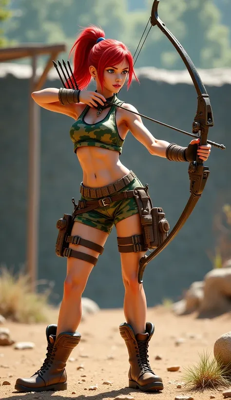 Female archer, red ponytail, green/brown camouflage crop halter top and shorts, brown boots, bow in firing position with an arrow nocked, training yard setting 