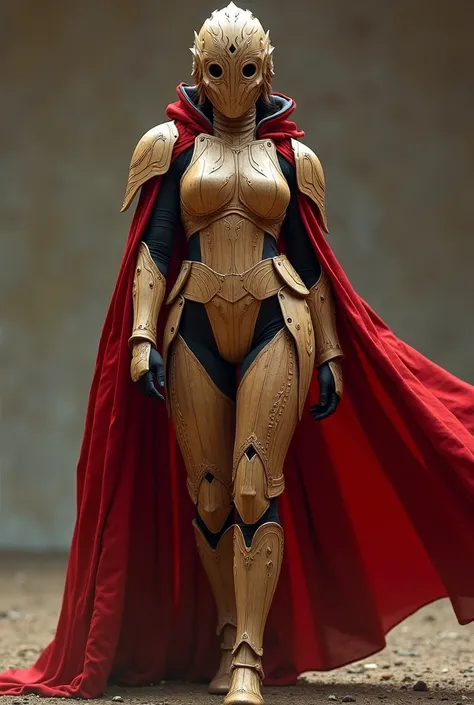 Sexy female stormtrooper (Star Wars), armored leotard, wood helmet, wood armor, wood mask, wearing red cape