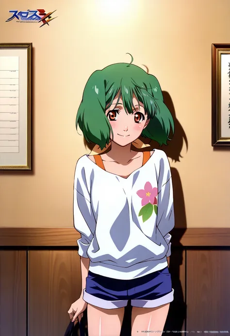 masterpiece,best quality,official art,wall paper,absurdres, beautiful detailed face,detailed texture,detailed skin,BREAK 1girl,Macross Frontier,source_Macross Frontier,ranka lee,shirt,shorts,room
