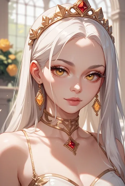  Adult girl long white hair,  pale skin,  amber eyes,  Delicate lashes . Images only of the face. royalty.  choker .  wearing a dress with a neckline ,  white with gold details .