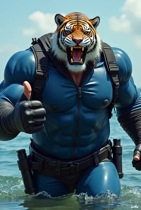 (a dark-skinned rugged beefy extremely muscular bulky angry old man), (wearing blue skintight zipper wetsuit), (wearing realistic roaring tiger mask), thumbs up, wearing bulky harness, wearing bulky scuba gear, muscular physique, toned muscles, fierce, her...