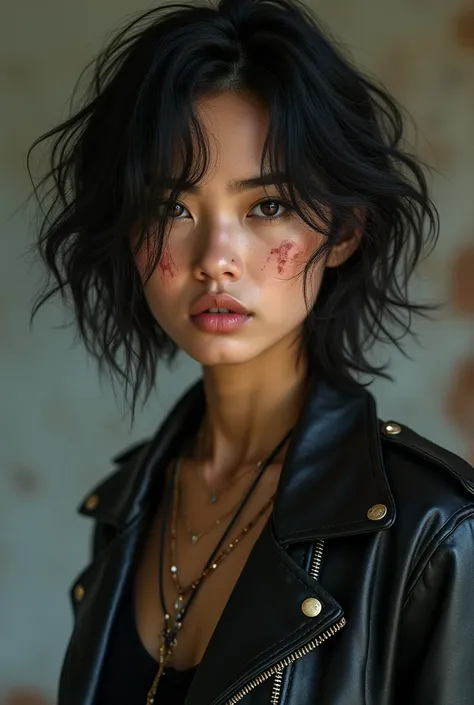 Girl with a rough face wears dark complexion Asian features short wavy black hair brown eyes and full lips black leather jacket with few scars 