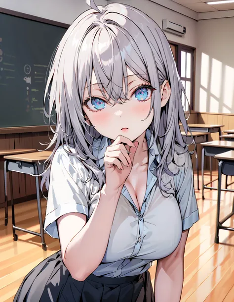 sysdeep_Arisa,stupid hair,  Silver Hair,  blue eyes,skirt,  shirt,side hair red Ribbon,  school uniform, white  shirt, Short sleeve, Big Breasts, cleavage, gal, collared  shirt,  sweater ,  white socks, black mini pleated skirt ,  loafers,  for tomorrow, i...