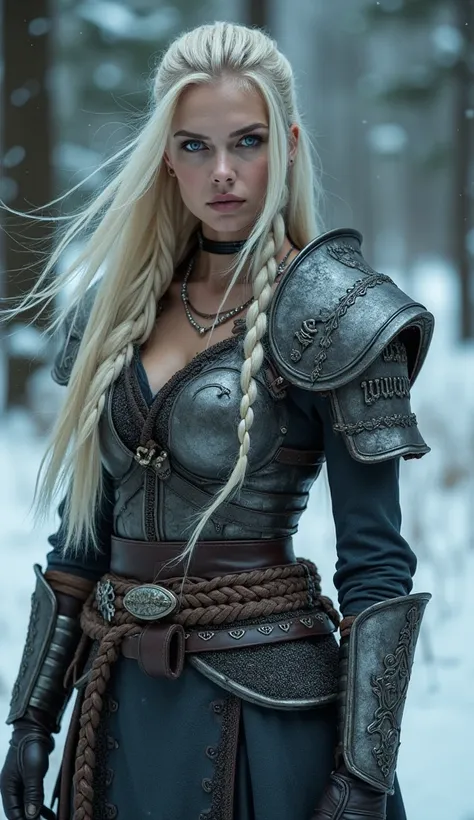  1 A fierce Viking warrior woman with stunning blue eyes and platinum blonde hair,  Standing in a Scandinavian winter forest , ultra detailed 8k highly realistic photo ,  dramatic lighting,  film composition , Epic fantasy scene