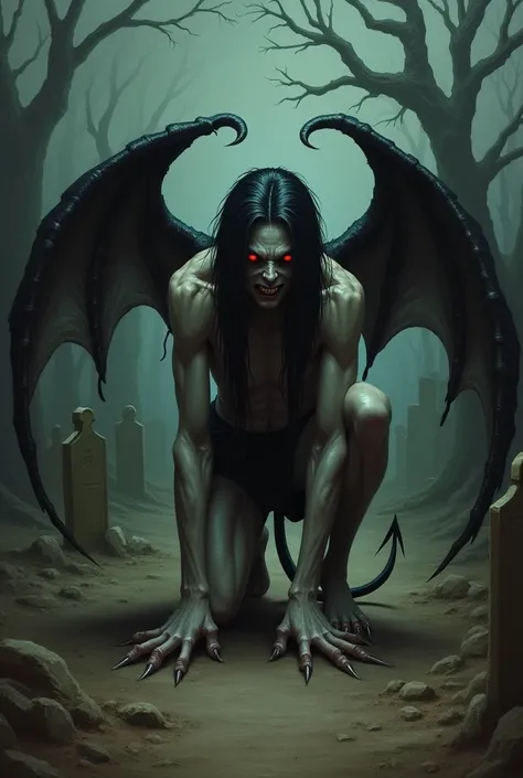 Realistic oil painting style image of an entity that looks like a Brazilian man with very thin pale skin, long black hair and red eyes and his two large bat wings, half closed at the back and shirtless, black pants folded up to the bare knee and his black ...