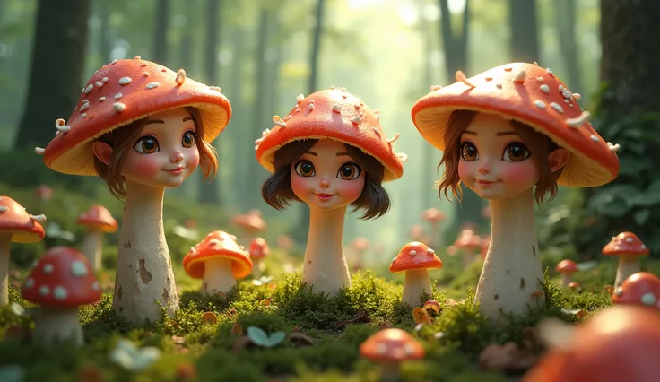 In a forest there are many fungi of different species on the ground 3 of them have the faces of Pixar-type girls. High-quality 8K .