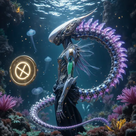 This  image features an aquatic alien, set against a radiant, vividly colored underwater backdrop. The being has an metallic exoskeleton in shimmering shades that appears to be light form within in oceanic blues, teals, and rich violets, harmoniously blend...