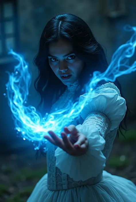  Camila Mendes with dark hair and white skin, Magical Powers (blue spell light ) natural beauty, period atmosphere, year 1770 ,  dark and fantastic aesthetics ,  dressed in a bodice and long, voluminous skirt with bows and lace . fight, Blood and sweat (mo...