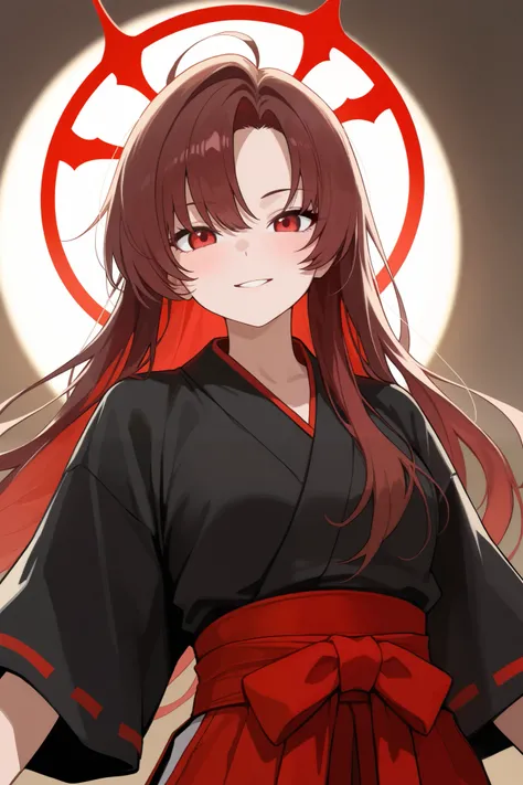 1 girl, Hair length reaches the back, Brown hair and red hair on the edges of the hair, red eyes, but not bright, wear a sexy samurai outfit, หน้าอกไซส์ปานกลาง, have a red halo