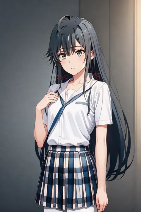  good quality , excellent quality, aayukino ,  long hair, Ahoge,  headband ,  collarbone,  neck strap,  white shirt pants,  short sleeves, plaid skirt,  masterpiece