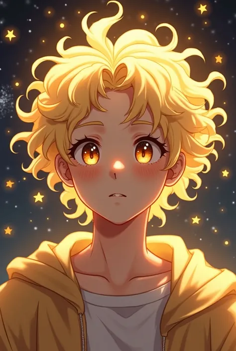 Bangchan from Stray S with blond hair with light waves,  heavenly eyes and surrounding their head as if it were a crown, Little yellow stars .  looking forward ,  with a background of outer space that highlights golden colors 