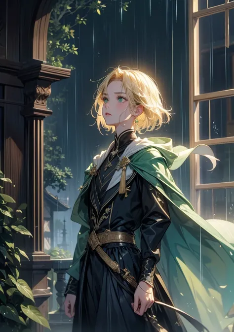  highest quality。 detailed depiction of up to the front door。Old Castle Greenhouse 。 Handsome and Cool Adult Man 、(( one adult man))。 short hair、((male short hair)), (( Light Blonde ))。 cool and impressive appearance 。((green eyes like a forest))。Sharp imp...