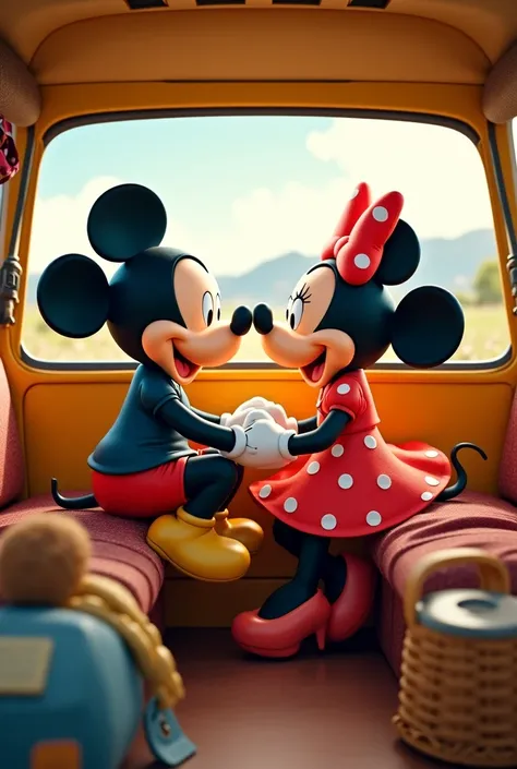 Mickey and Minnie traveling in love in a 1998 Volkswagen van