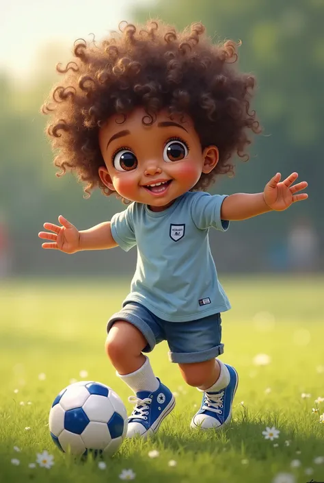 Baby with light brown skin who has large wavy, medium-smooth hair wearing ALL star shoes in blue playing soccer 