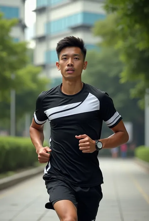 An Indonesian man wearing a black and white jersey, running sports 