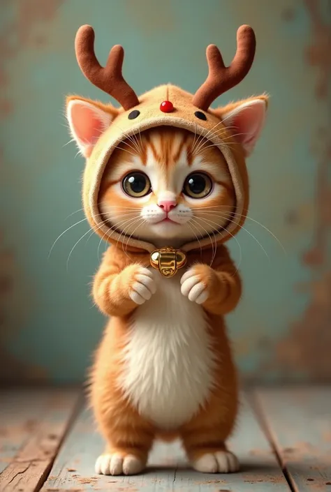  cute kitten、 standing like a human 、 is facing the front、 is wearing a reindeer costume、retro vintage background