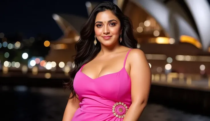 Beautiful curvy Indian actress plus clock size glass chested woman, close up camera view, big m-cup breasts, wearing Plus Size Asymmetric Neckline Elegant Formal pink Evening Gown With Thigh High Slit, Covered breasts, graceful standing position, eye conta...