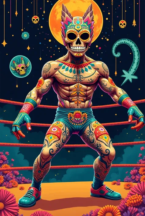 Illustration inspired by the Day of the Dead and wrestling Y Alebrijes