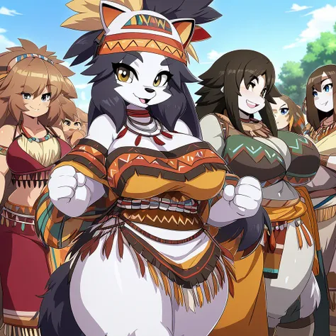 Anime, High detailed, furry girls, Wearing tribal clothes, multiple girls, girls surrounding, curvy body 