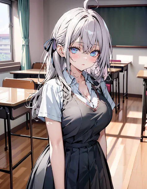 sysdeep_Arisa,stupid hair, Silver Hair, blue eyes,skirt, shirt,side hair Ribbon, school uniform, white shirt, Short sleeve, Big Breasts, cleavage, gal, collared shirt, sweater , white socks, black mini pleated skirt , loafers, for tomorrow, in th...