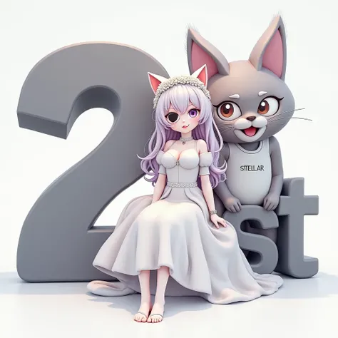 Create a Image of a 21 Years Old large breast Anime Girl Sitting on a 3D Large Word "21st" which has Black and grey Color and Design. The background is a white and grey gradient background and the girl has eyepatch is the left eye and wearing white Bride A...