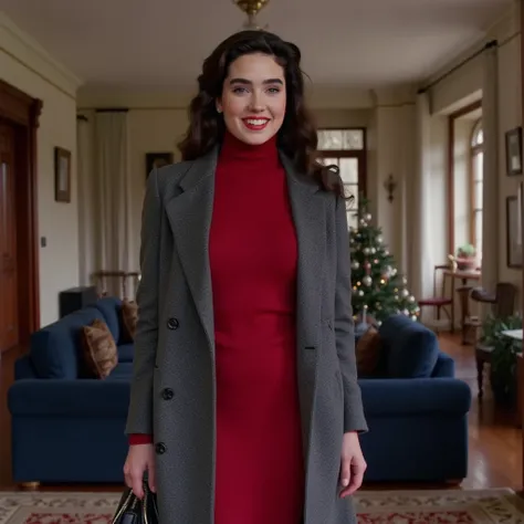 Full body view. pov eye level. Jennifer Connelly. Neck length hair styled in 1940s era Victory curls. hourglass figure. Overbite. sharply outlined and painted ruby red lips. dark blue eyeshadow. (Long and thick eyelash extensions:1.6).   wearing a red seas...