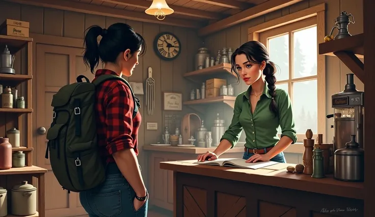 dark haired woman wearing plaid shirt, jeans and a hiking backpack, at an old timey looking trading shop. another dark haired woman wearing a green shirt and jeans is running the register. make the women look realistic.
