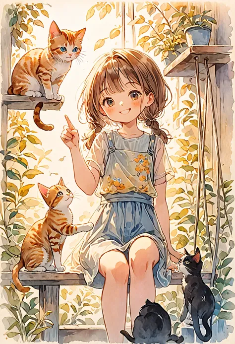 ２A human girl is standing up. One cat,  Detailed transparent watercolor  . The girl is smiling and pointing above her head.. The kitten is sitting on the girl&#39;s head、Limbs are dangling.  The cat also looks relaxed .  is a beautiful animated illustratio...