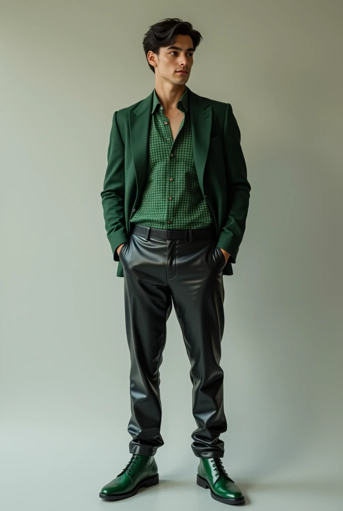 A Pakistan beautiful stylish man 20 years white skin and Black hair and green checked formal shirt full hand black and black shining leather pant and green shining light shinning boots standing man high quality 8k uhd upscale realistic