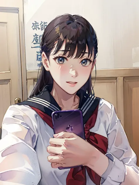 there is a woman that is holding a cell phone in her hand, Seifuku, Yoshitomo Nara, kimi takemura,  shikamimi, Yasumoto Oka, shiori teshirogi, Chiho,  sakimichan, wearing japanese school uniform,  narumi kakinouchi, iwakura lain, (Masterpiece), (best detai...