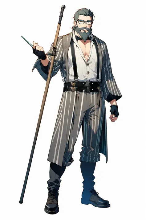  Cyberpunk Ninja Action Novel。solo ninja 。((white background illustration ))。(( full body illustration))。(( Standing))。Yappy smudged young man。I'm growing my beard just a little bit。Wear Date Glasses。Wear suspenders in a vertical striped suit 。High-grade w...