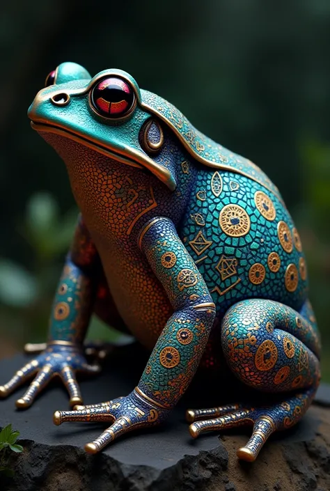 He draws Huichol art in the shape of a toad with iridescent sacred geometry on his skin