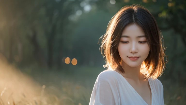 A serene and beautiful woman with long flowing hair, gently smiling. A soft mist surrounds her, creating a dreamy and ethereal atmosphere. The background features warm pastel colors with subtle glowing lights and natural elements like flowers or soft sunli...