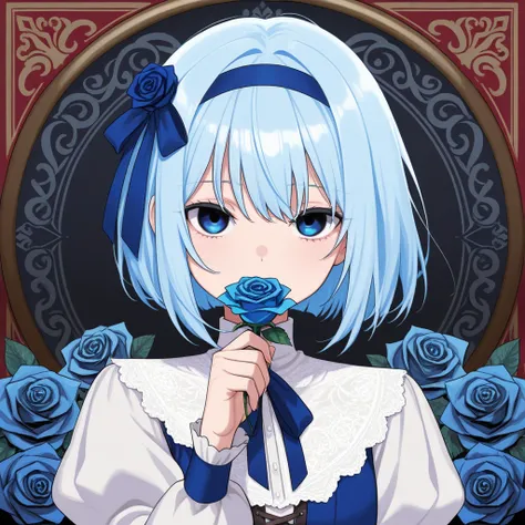 Blue Hair/ light blue hair,  bob hair,  blue eyes, ,Cover your mouth with something,  blue rose , 1 girl, solo, derogatory eyes , Medieval nobility,blue rose ribbon