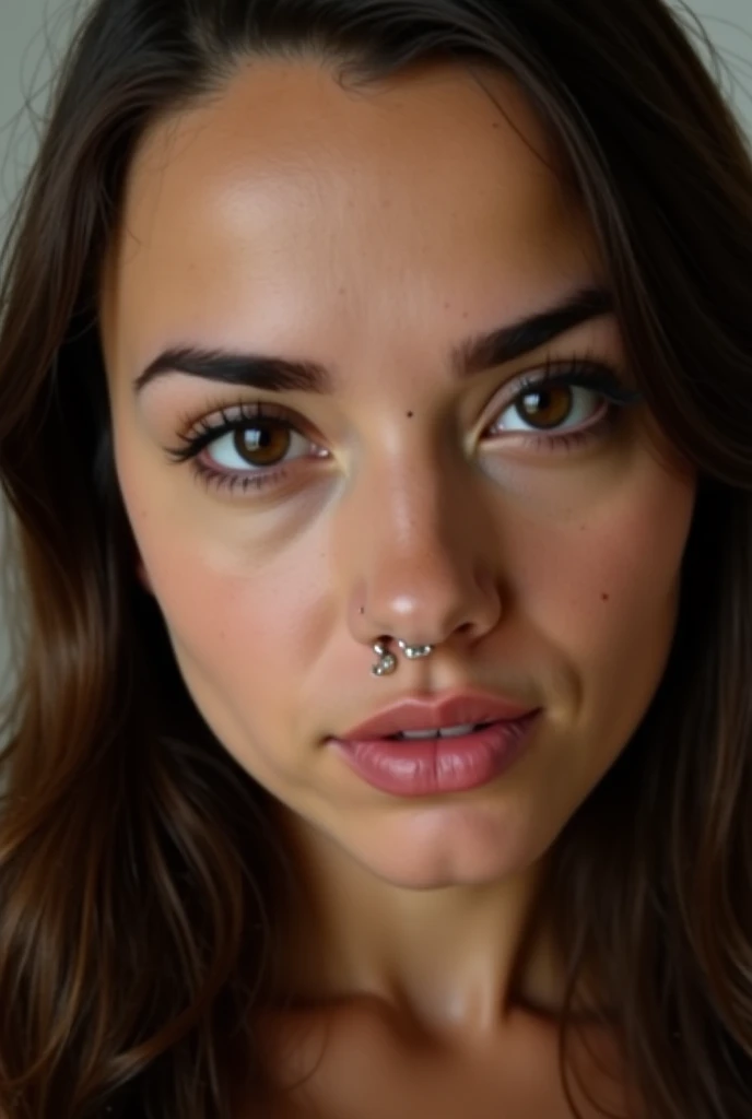 {
  "prompt": "A close-up portrait of a 28-year-old Brazilian woman with long, brown hair and deep brown eyes. Her face is delicate with soft features and a mysterious, striking gaze. She has piercings in her eyebrow, lip, and septum, adding a unique touch...