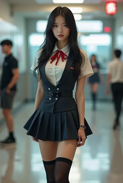 An Asian schoolgirl in a miniskirt and high heels to look at her heels