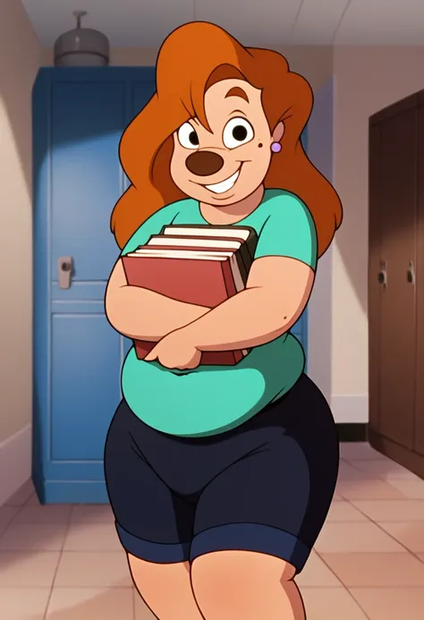 Roxanne as a plump’-,,overweight'-obese,,' , fat' BBW body, 56girl64, solo, mit, indulging in overwhelming obesity, brown hair, holding, long hair, earrings, book, green shirt, holding book, black eyes, crossed arms,  smile, short sleeves, shorts, fat' fur...