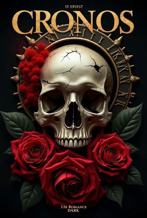  The image presents a dark and intense composition ,  perfect for a dark romance .  The central element is a partially destroyed skull ,  elements with cracks and a red explosion effect on one side.  Around the skull ,  there is a large antique clock ,  re...