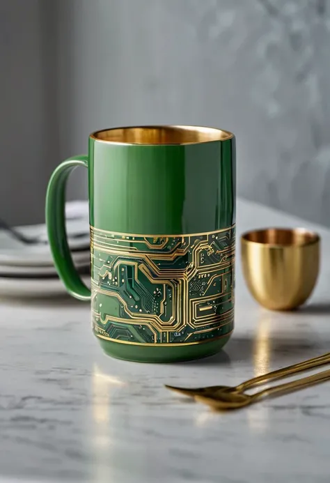 a ceramic mug with intricate electronic circuit board patterns in vibrant green and gold tones, paired with a matching set of cutlery (spoon, fork, knife) featuring similar circuit board designs on their handles. The mug has a glossy finish with a futurist...