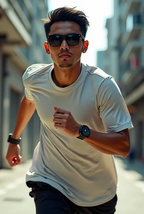 A quick-haired Indonesian man wearing sunglasses wears an ash white jersey shirt, do a dazaman run