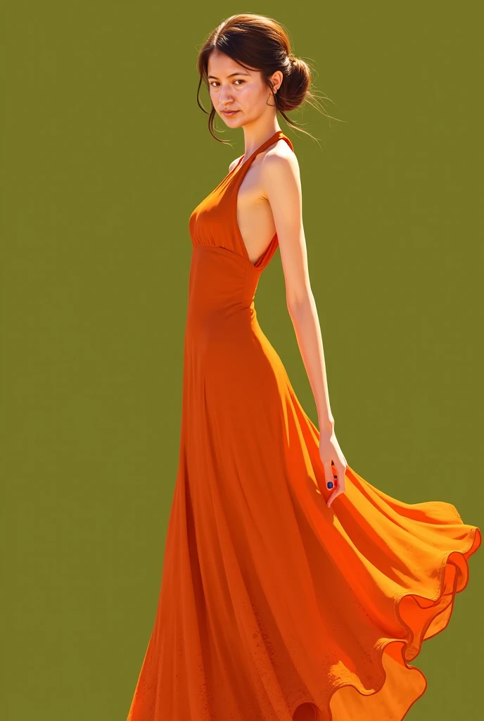 Woman wearing terracotta halter neckline dress 