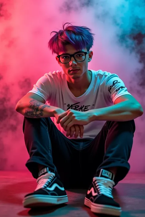  4D realistic photo, 20 year old guy with colored hair ,  wears black glasses and has a tattoo ,  sitting on the floor and on the front is the name written, wearing black pants , black and white color skate shoes, Against the background of colorful smoke ,...