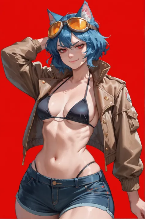 1girl, smirk, closed mouth, pale skin, red eyes, short blue hair, blue cat ears, aviator jacket, black bikini top, shorts, goggles on the head, medium breasts, wide hips, thighs, moody, red background
