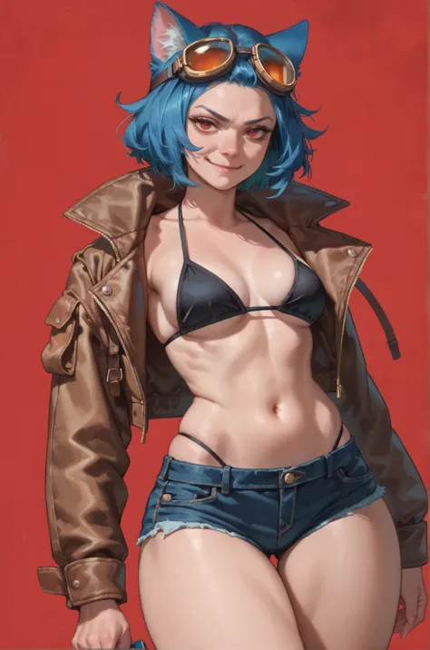 1girl, smirk, closed mouth, pale skin, red eyes, short blue hair, blue cat ears, aviator jacket, black bikini top, shorts, goggles on the head, medium breasts, wide hips, thighs, moody, red background
