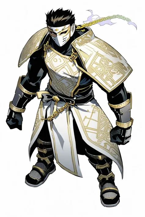  Cyberpunk Ninja Action Novel。solo ninja 。((white background illustration ))。(( full body illustration))。(( Standing))。Ninja mask with brass on the chain。black and white fire pattern costume。Put on chain armor from above。The leading inheritor of ancient Ro...