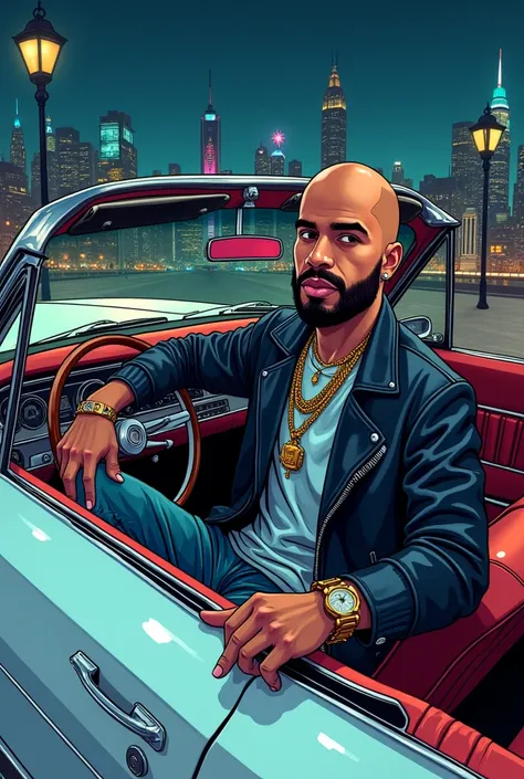 young bald man, with beard,  square lenses ,  in rapper clothing ,  chain with microphone dige, Full body , Recharged in a white Falcon car from 66 with a city at night in the background, comics style