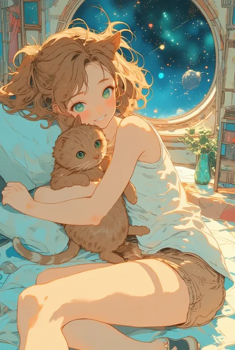   watercolor illustration, (  A cute young woman is holding a brown cat  \( American Shorthair Cat , In her chest \),   She and the cat are watching each other intently  ),  light brown wavy hair ,  asymmetrical hair,  GREEN EYES, smile,  wearing shorts an...