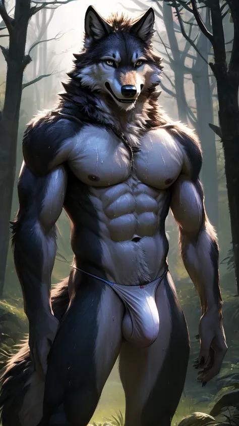 wolf, very thin, male, with semen, realistic smile (completely naked, only white thong), transparent, big bulge in groin, night. Sensual, sensual pose, seductive, sweating, standing in a forest